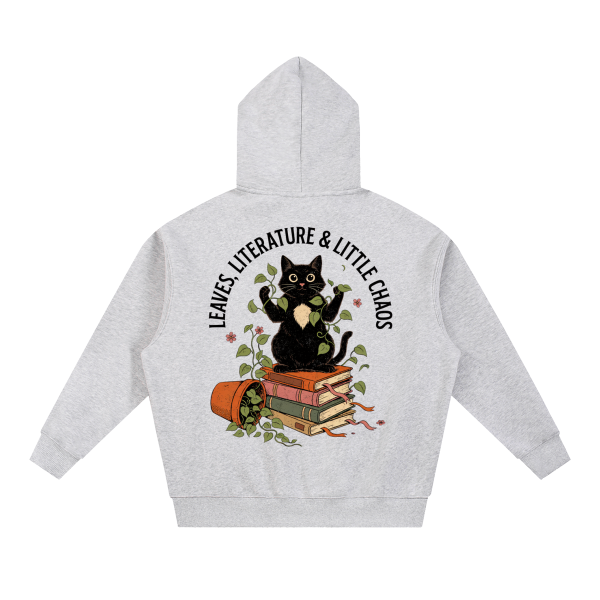 Black cat on a stack of books with vines, Leaves, Literature & Little Chaos back print on a Flower Gray fleece hoodie