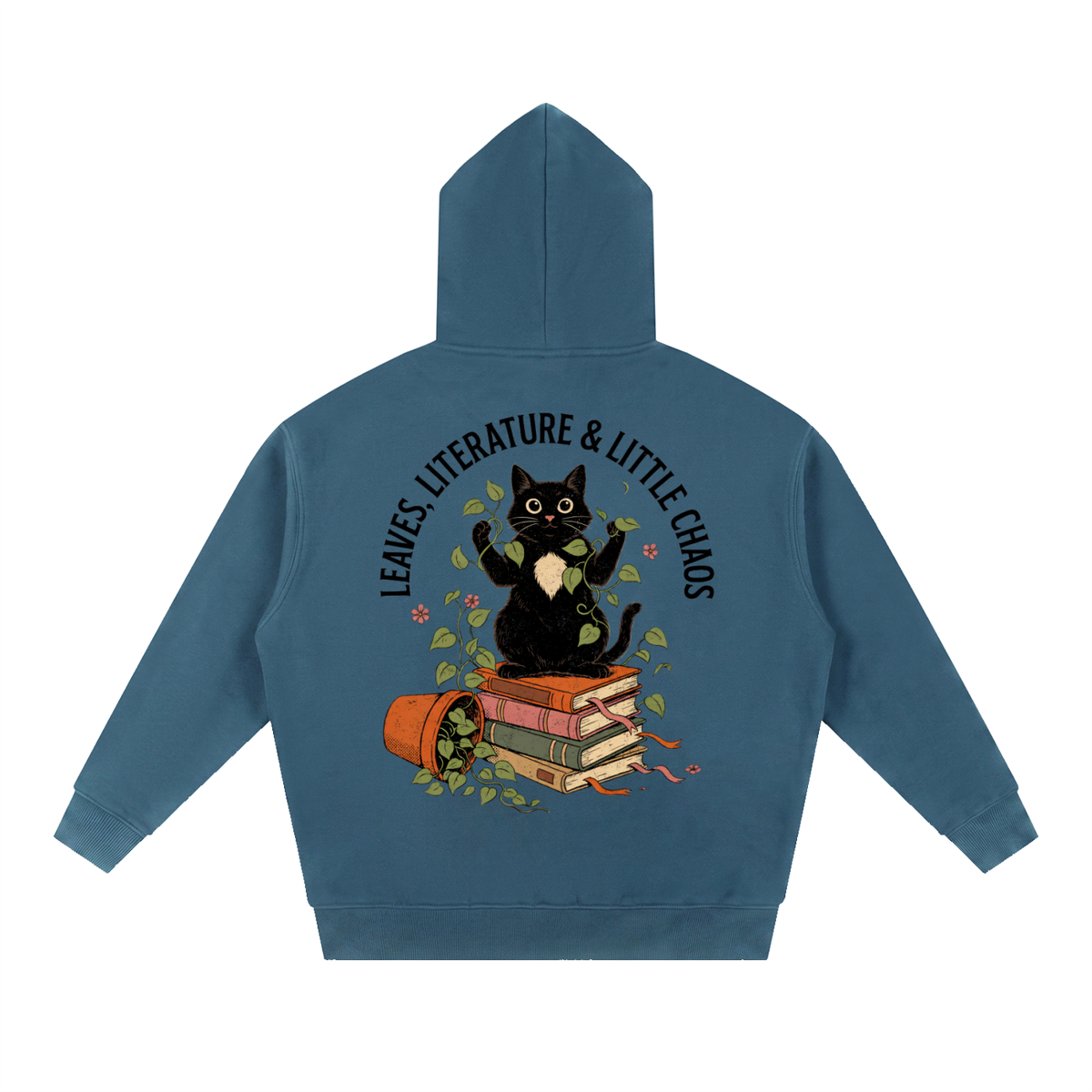 Black cat on a stack of books with vines, Leaves, Literature & Little Chaos back print on a Haze Blue fleece hoodie