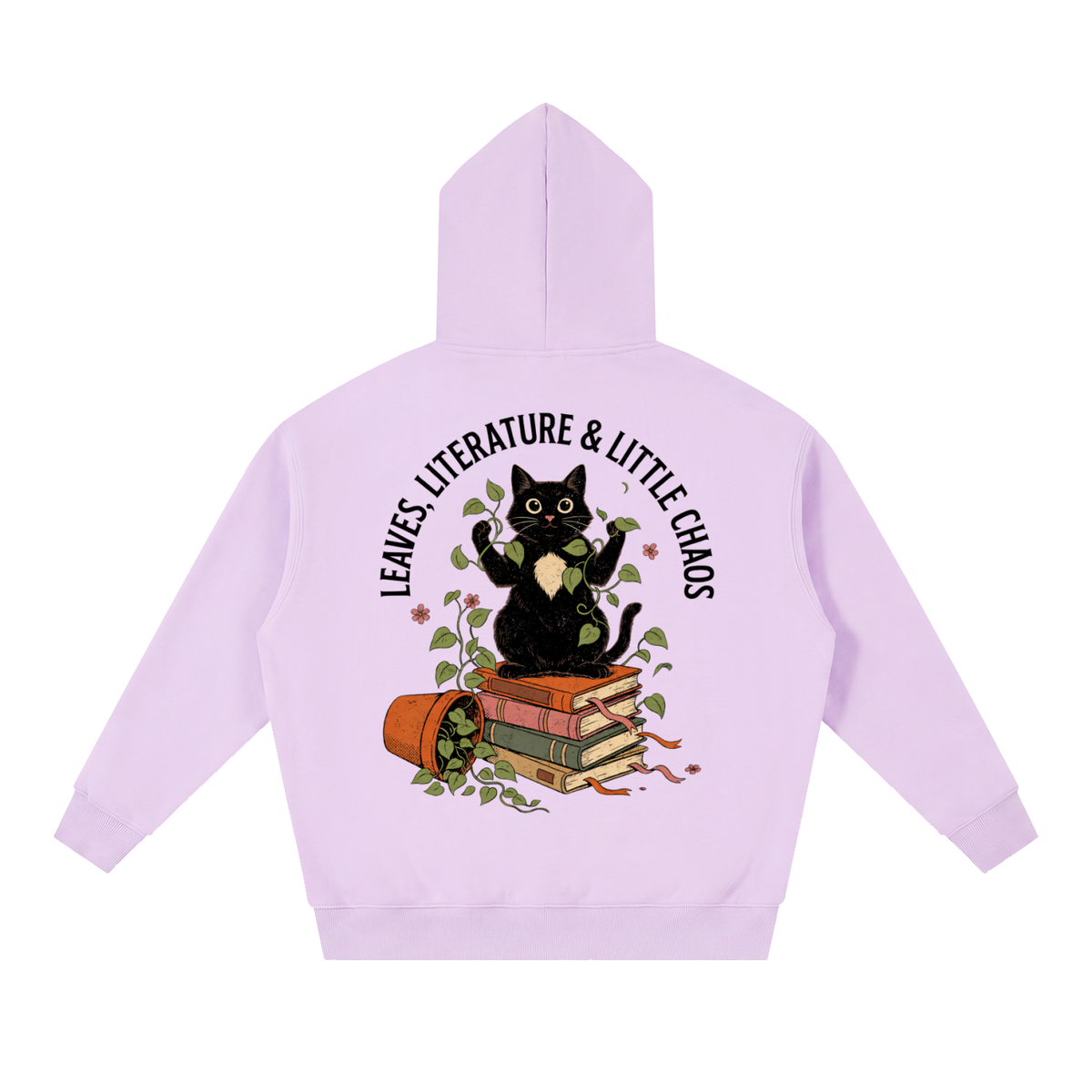 Black cat on a stack of books with vines, Leaves, Literature & Little Chaos back print on a Light Purple fleece hoodie