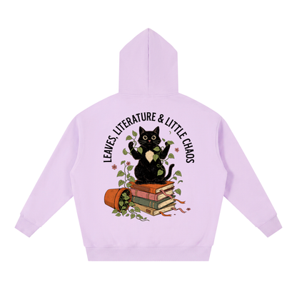 Black cat on a stack of books with vines, Leaves, Literature & Little Chaos back print on a Light Purple fleece hoodie