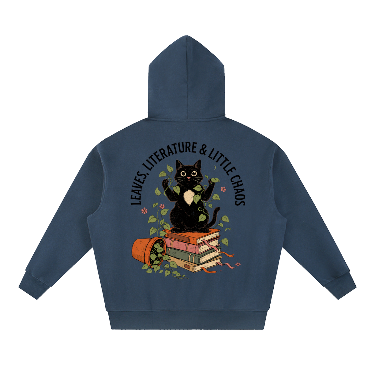Black cat on a stack of books with vines, Leaves, Literature & Little Chaos back print on a Navy Blue fleece hoodie