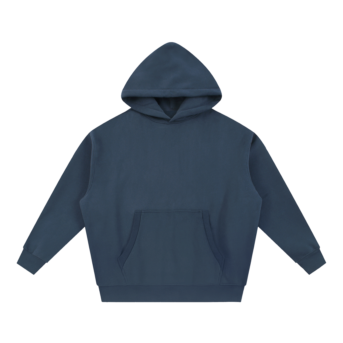 Women’s Little Chaos oversized boxy fleece hoodie in Navy Blue, front view with kangaroo pocket