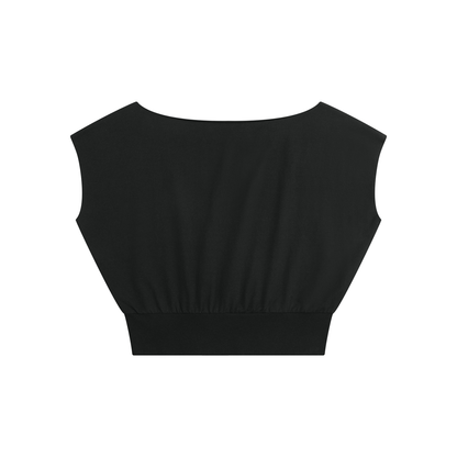 Women's Loose Fit Asymmetrical Neck Sleeveless T-Shirt in black, alternate angle