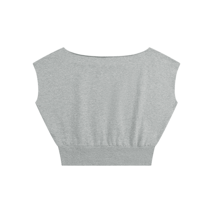Women's Loose Fit Asymmetrical Neck Sleeveless T-Shirt in flower gray, alternate angle