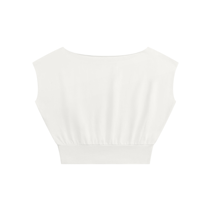 Women's Loose Fit Asymmetrical Neck Sleeveless T-Shirt in white, alternate angle