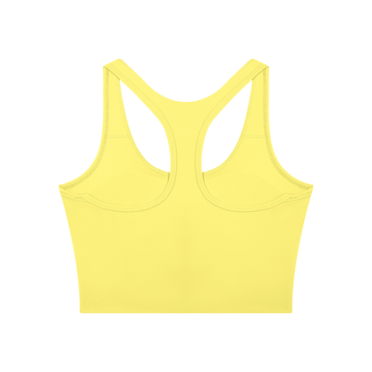 Women's Mesh Color Block Yoga Tank Top in lemon yellow with light gray, alternate angle
