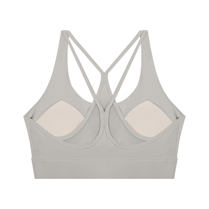 Women's Mesh Panel Cropped Yoga Sports Bra in light gray, alternate angle