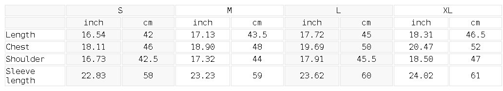 Size chart for the Women's Mineral Wash Crop Sweatshirt