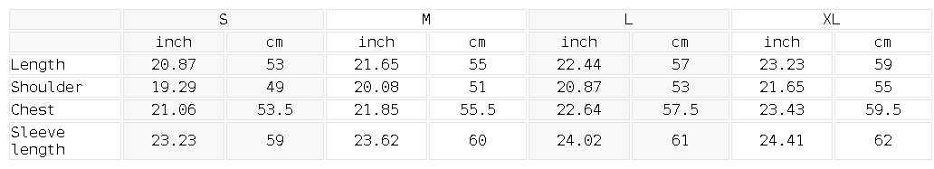 Size chart for the Women's Mineral Wash Full Zip Hoodie