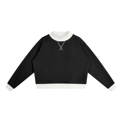 Women's Mock Neck Crewneck Sweatshirt in black with white