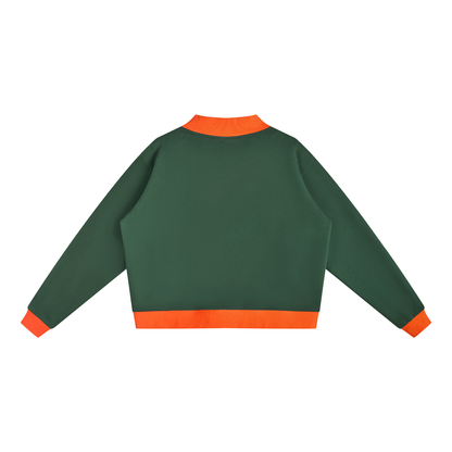 Women's Mock Neck Crewneck Sweatshirt in dark green with orange, alternate angle