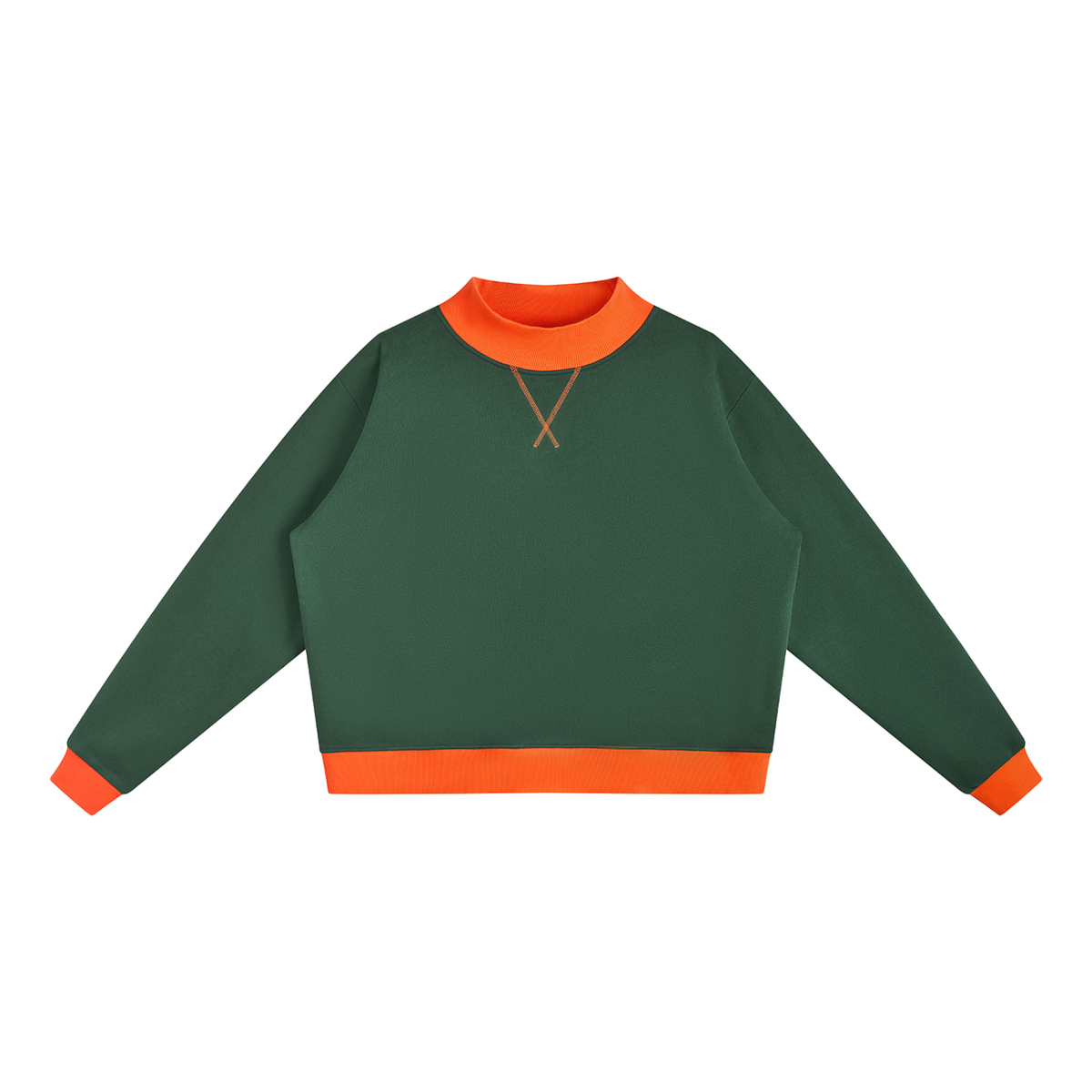Women's Mock Neck Crewneck Sweatshirt in dark green with orange