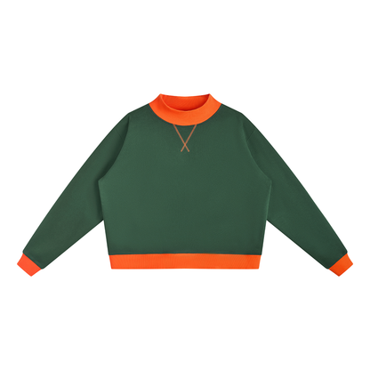 Women's Mock Neck Crewneck Sweatshirt in dark green with orange