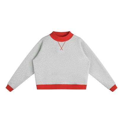 Women's Mock Neck Crewneck Sweatshirt in flower gray with red