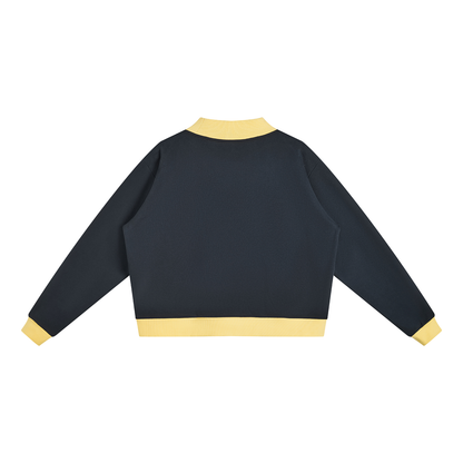 Women's Mock Neck Crewneck Sweatshirt in navy blue with yellow, alternate angle