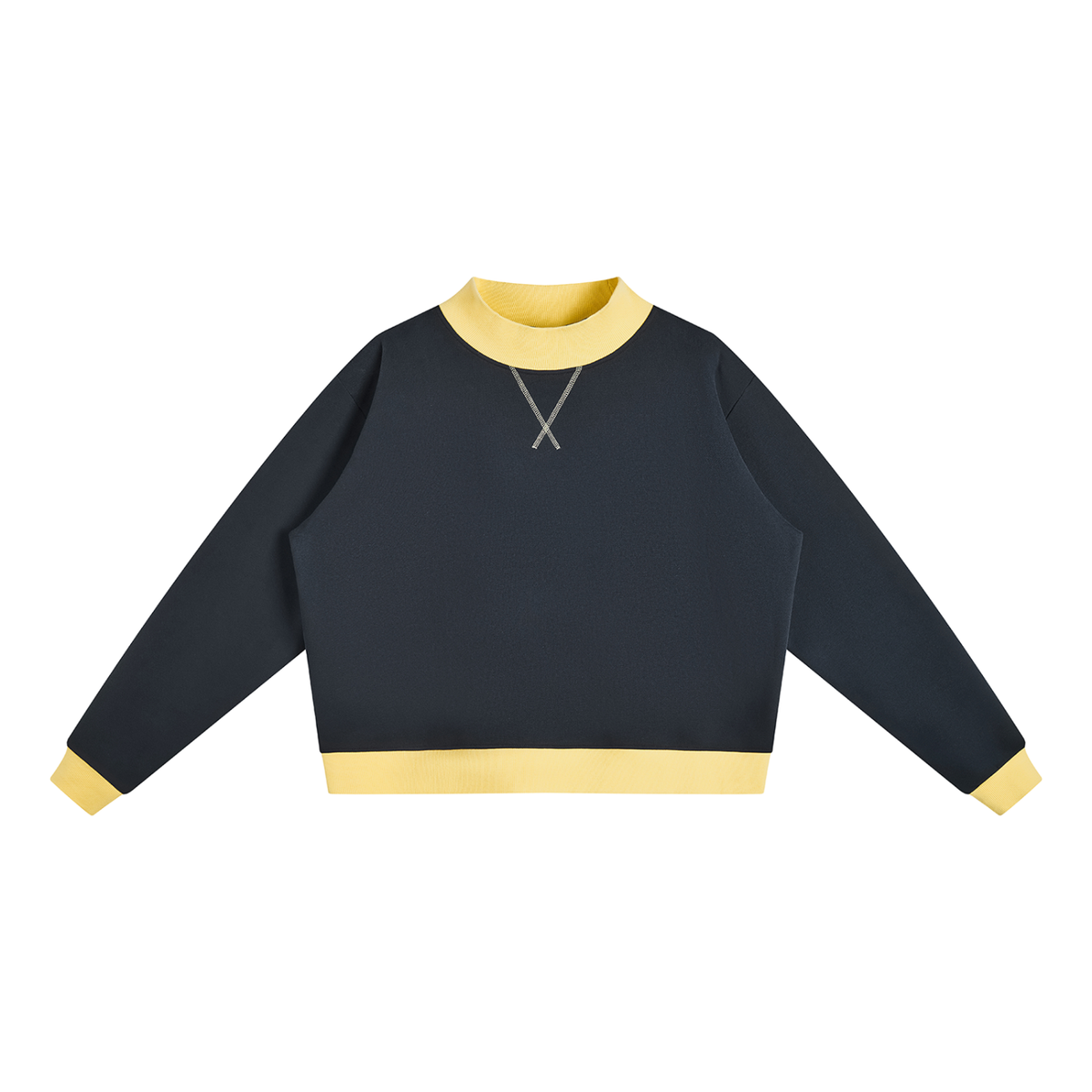 Women's Mock Neck Crewneck Sweatshirt in navy blue with yellow