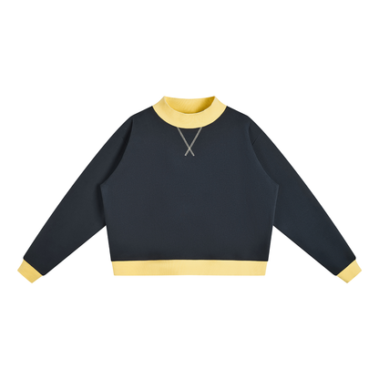 Women's Mock Neck Crewneck Sweatshirt in navy blue with yellow