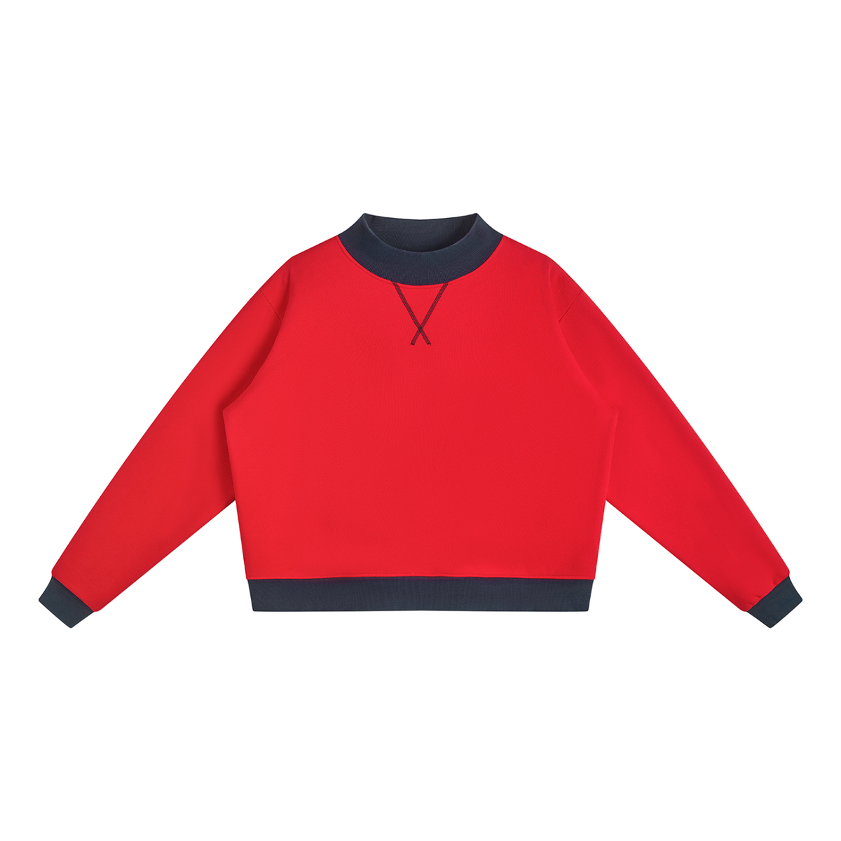 Women's Mock Neck Crewneck Sweatshirt in red with navy blue