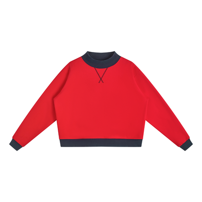 Women's Mock Neck Crewneck Sweatshirt in red with navy blue