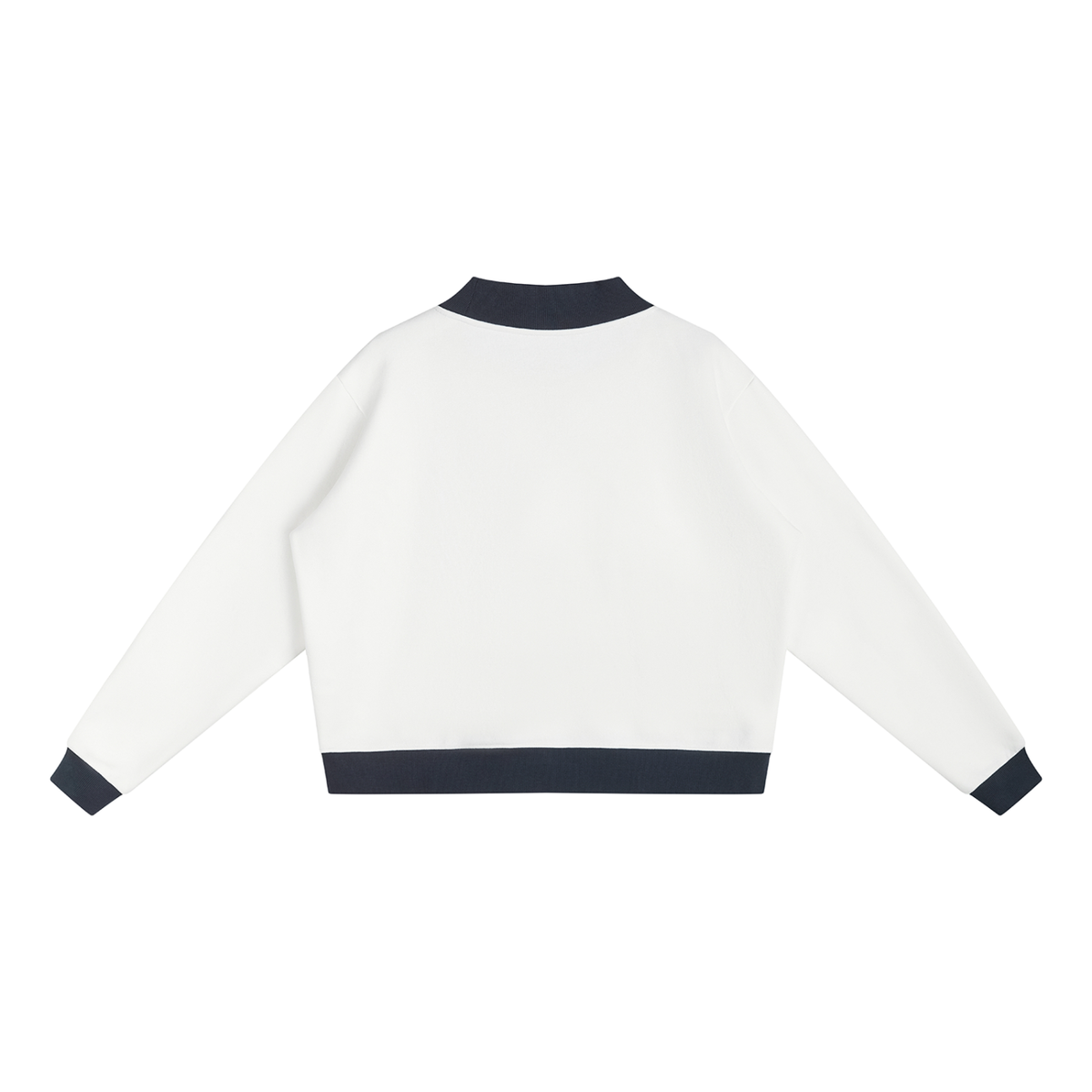 Women's Mock Neck Crewneck Sweatshirt in white with navy blue, alternate angle