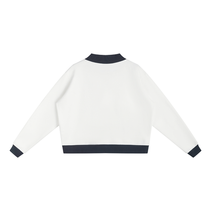 Women's Mock Neck Crewneck Sweatshirt in white with navy blue, alternate angle