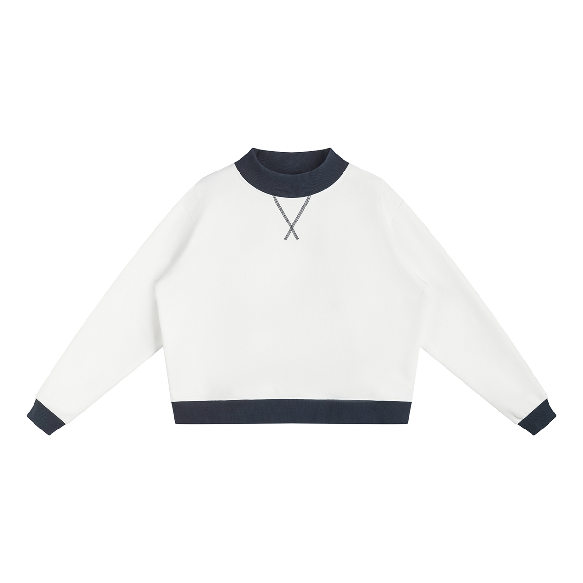 Women's Mock Neck Crewneck Sweatshirt in white with navy blue