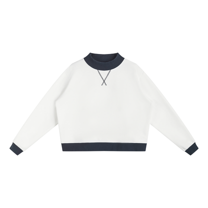 Women's Mock Neck Crewneck Sweatshirt in white with navy blue