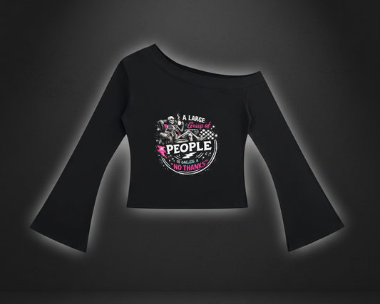 Women’s No Thanks Skeleton off-shoulder bell sleeve top in black