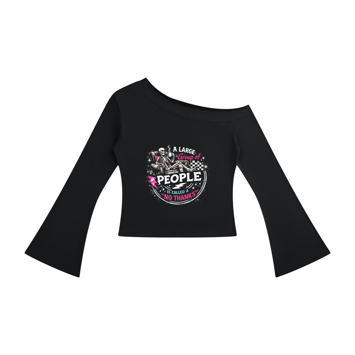Women’s No Thanks Skeleton Off-Shoulder Bell Sleeve Top - Black