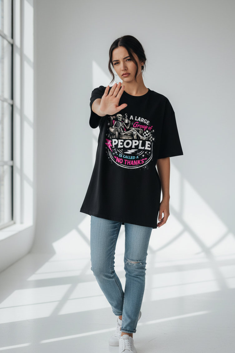 Women’s No Thanks Skeleton Oversized Heavyweight Cotton T-Shirt - Black