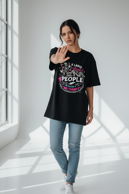 Women’s No Thanks Skeleton Oversized Heavyweight Cotton T-Shirt - Black