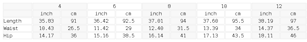Size chart for the Women's Nylon Blend Ankle Leggings