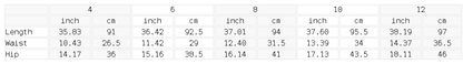 Size chart for the Women's Nylon Blend Ankle Leggings
