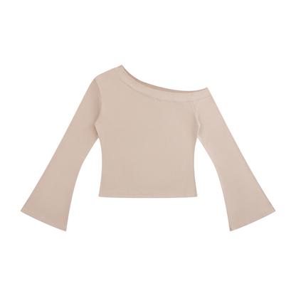 Women's Off-Shoulder Bell Sleeve T-Shirt in pale khaki