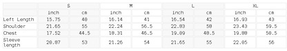 Size chart for the Women's Off-Shoulder Sweatshirt