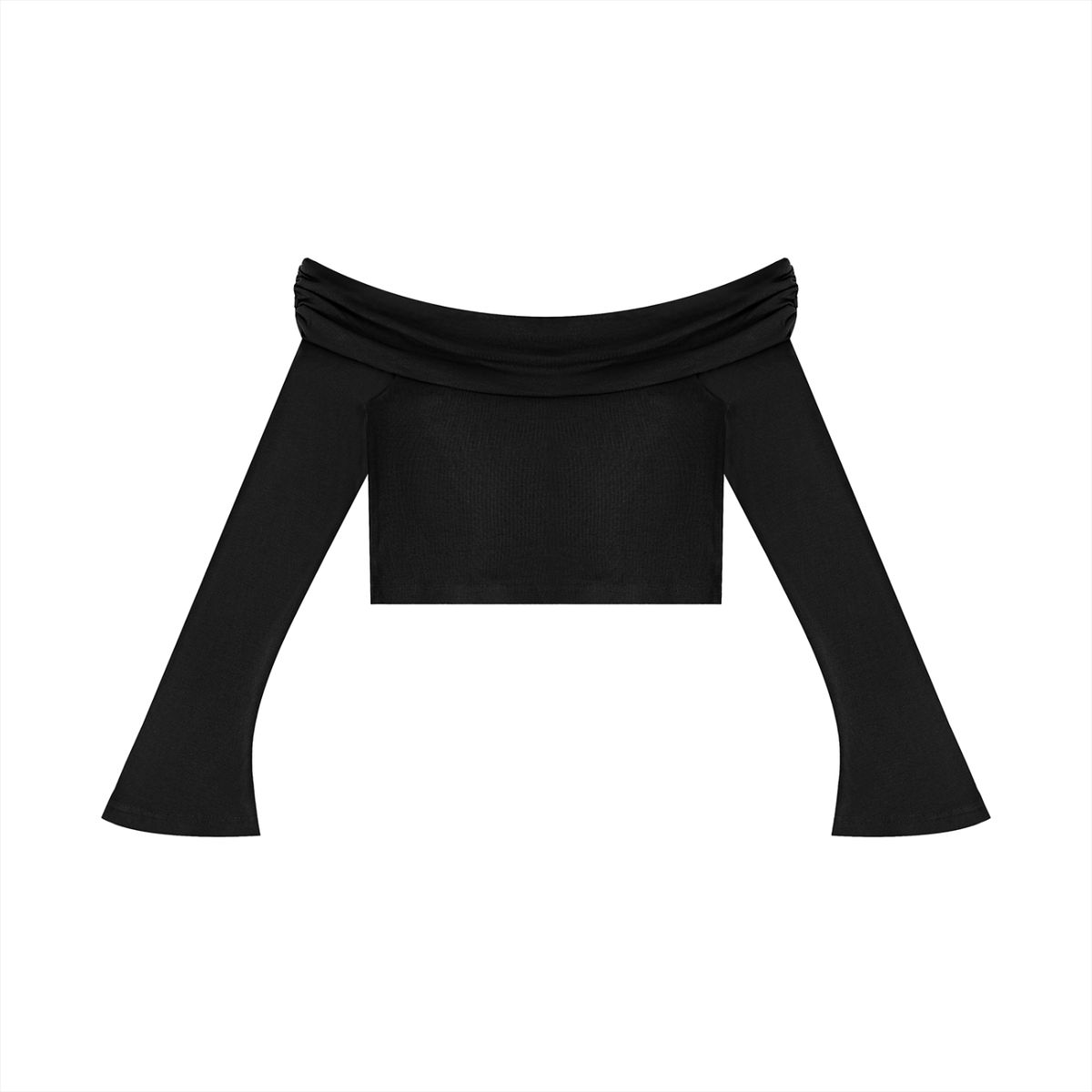 Women's Off-the-Shoulder Bell Sleeve Crop T-Shirt in black, alternate angle
