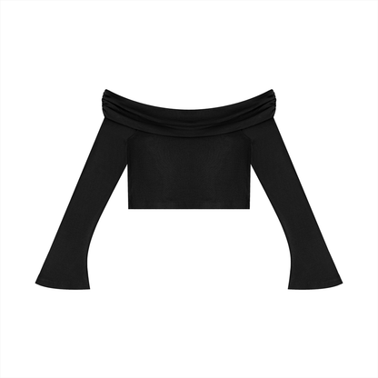 Women's Off-the-Shoulder Bell Sleeve Crop T-Shirt in black, alternate angle