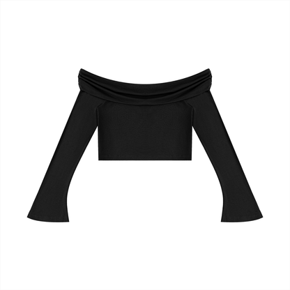 Women's Off-the-Shoulder Bell Sleeve Crop T-Shirt in black