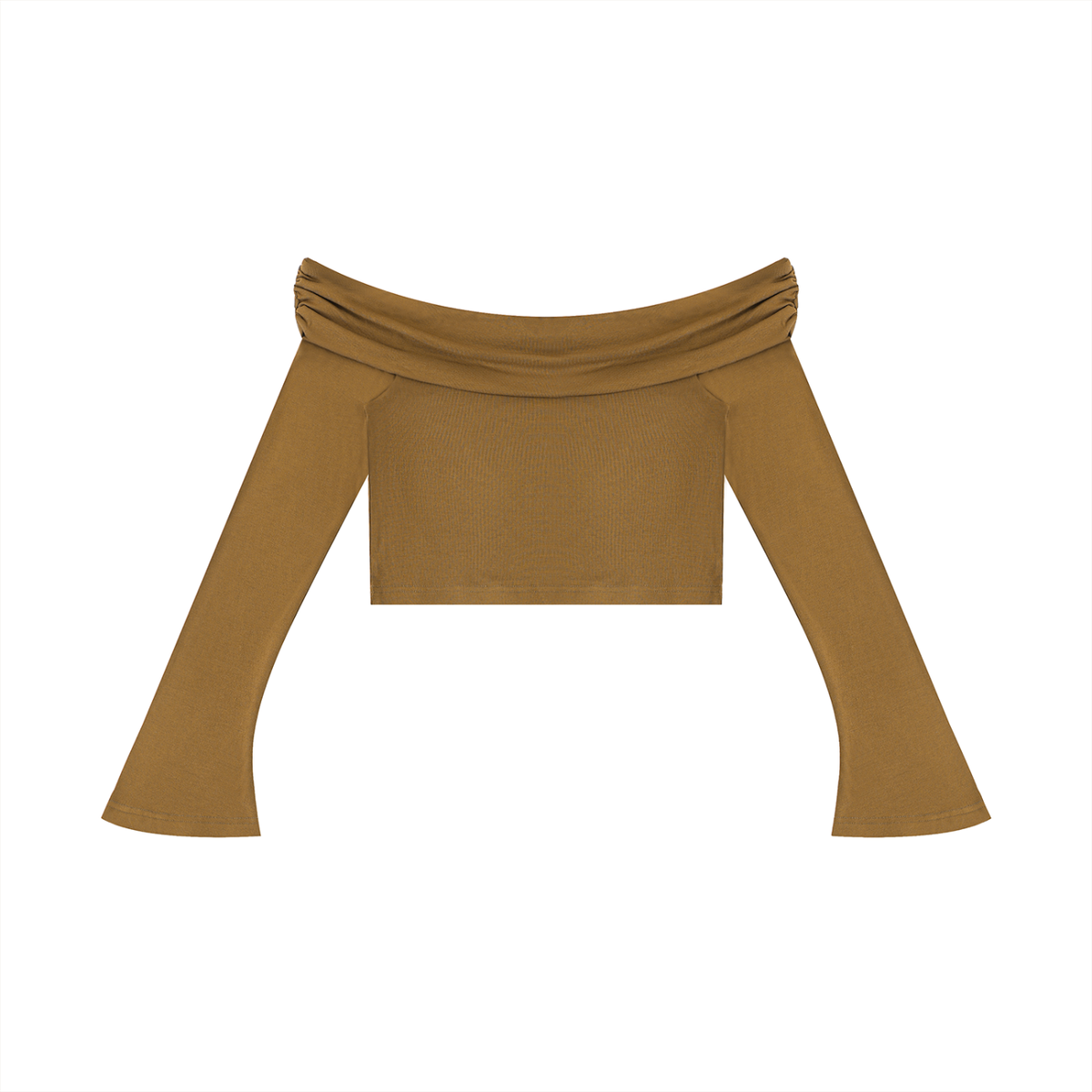 Women's Off-the-Shoulder Bell Sleeve Crop T-Shirt in brown, alternate angle