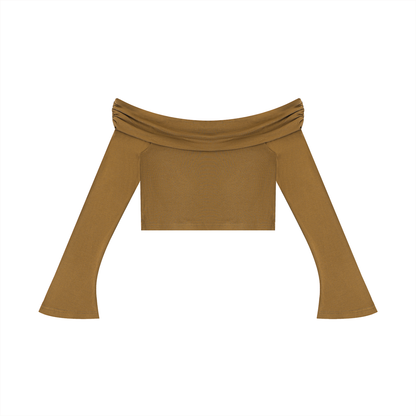 Women's Off-the-Shoulder Bell Sleeve Crop T-Shirt in brown, alternate angle