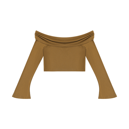 Women's Off-the-Shoulder Bell Sleeve Crop T-Shirt in brown