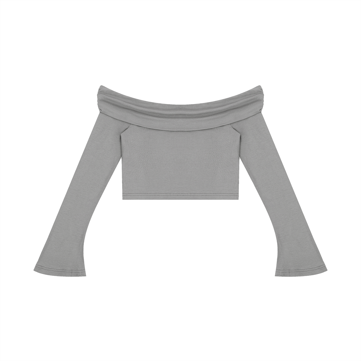Women's Off-the-Shoulder Bell Sleeve Crop T-Shirt in gray, alternate angle