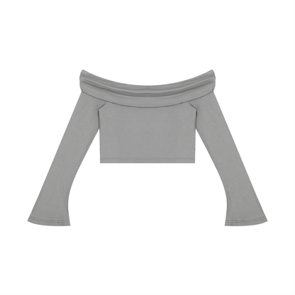 Women's Off-the-Shoulder Bell Sleeve Crop T-Shirt in gray, alternate angle