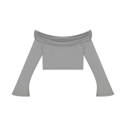 Women's Off-the-Shoulder Bell Sleeve Crop T-Shirt in gray