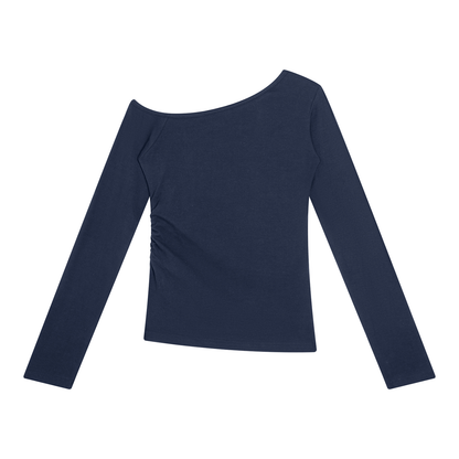 Women's Off-the-Shoulder Long Sleeve T-Shirt in navy blue, alternate angle