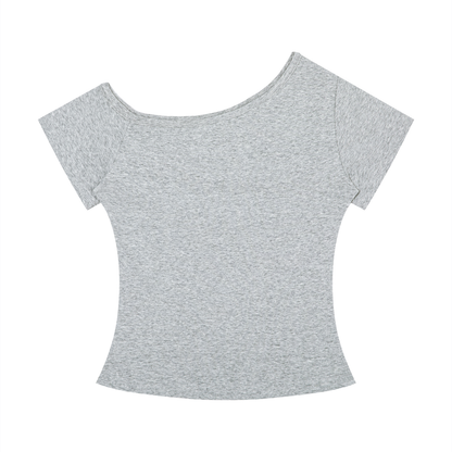 Women's Off-the-Shoulder T-Shirt in flower gray, alternate angle