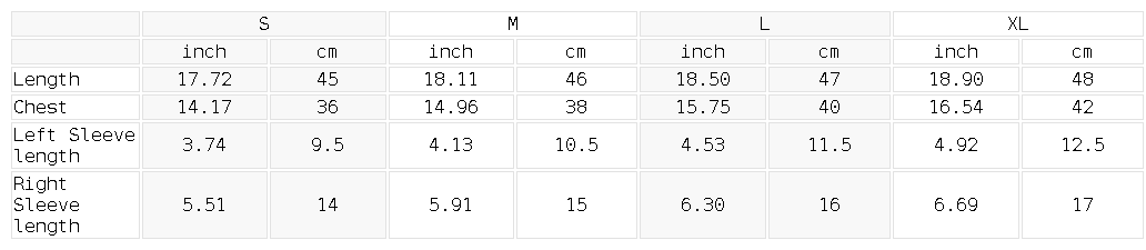 Size chart for the Women's Off-the-Shoulder T-Shirt