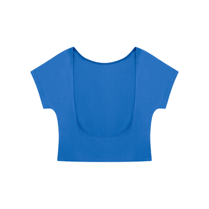 Women's Open-Back T-Shirt in colorful blue, alternate angle