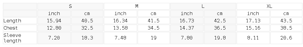 Size chart for the Women's Open-Back T-Shirt