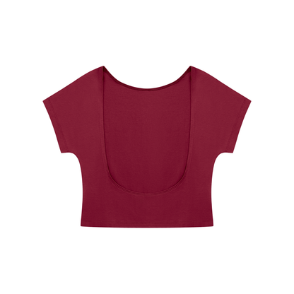 Women's Open-Back T-Shirt in wine red, alternate angle